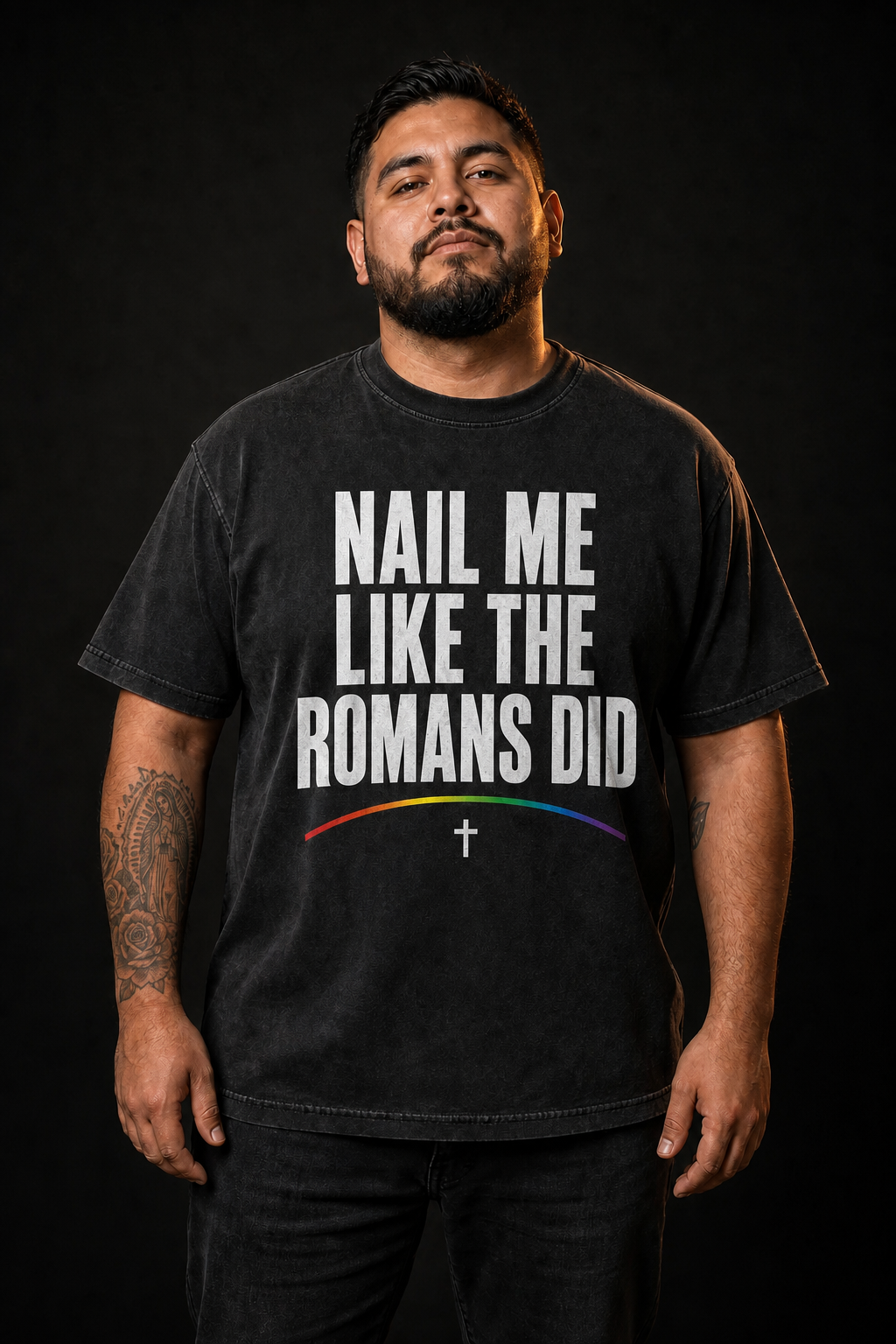 Model wearing the black NAIL ME LIKE THE ROMANS DID tee