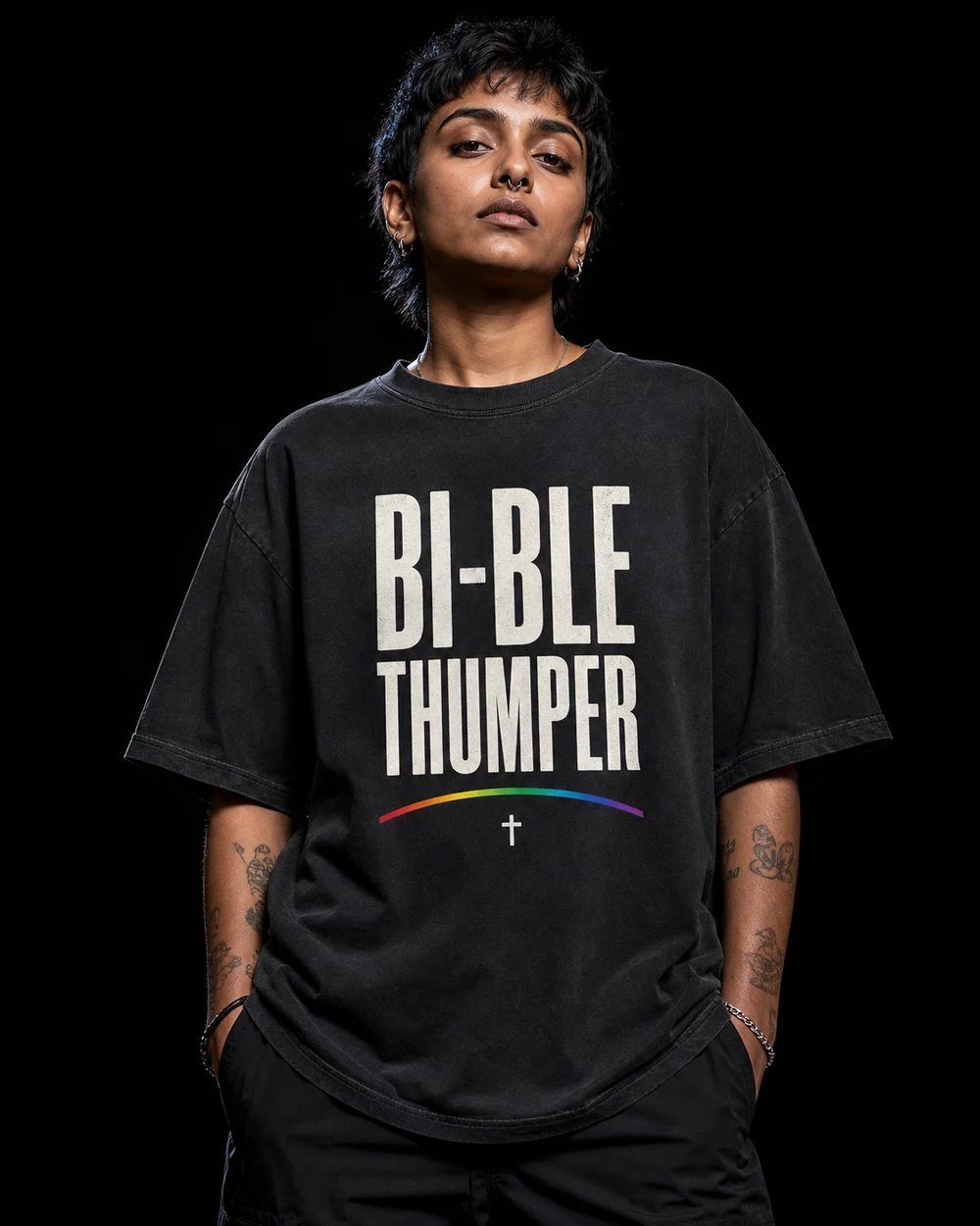 Model wearing the black BI-BLE THUMPER tee